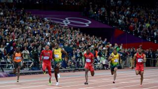 London 2012  - Olympics:   Men's 100 meter finals. 
Usain Bolt of Jamaica pulls away to victory and a repeat gold medal in the