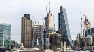 London commercial real estate skyline: Cheesegrater, concrete core of new skyscraper 22 Bishopsgate under construction, Tower 42 &100 Bishopsgate