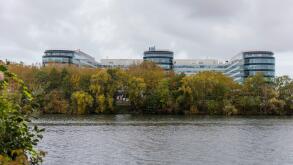 October 26, 2023, Paris, France, France: Bezons, France October 26, 2023 - The Atos logo stands on the facade of the company s headquarters. In an increasingly controversial restructuring phase, Atos has announced an 8.1% drop in sales for the third quart