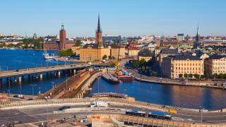 Cityscape with Centralbron (Central Bridge) a major traffic route in central Stockholm and bridge for freight and commuter trains, Stockholm, Sweden