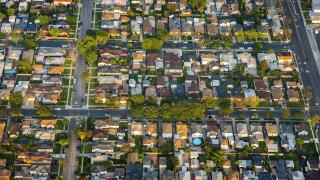 , Residential area with typical single family houses in Commerce, 20.03.2016, aerial view, USA, California, Commerce