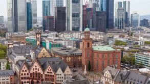 Frankfurt city view with modern architecture and Romerberg