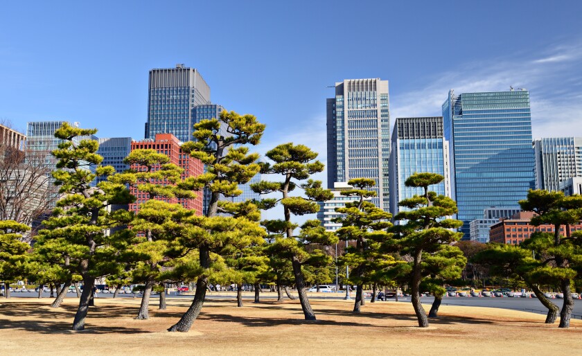 Tokyo, Japan's Marunouchi Business District viewed from the grounds of Tokyo Imperial Palace.