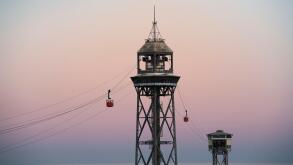 View of the Barcelona Cable Car at sunset, Catalonia, Spain.