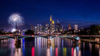 Frankfurt am Main, Hessen, Germany - August 07, 2017: Fireworks in Frankfurt am Main city during Mainfest in Frankfurt, Germany
