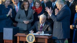 Washington, DC, USA. 15th Nov, 2021. 11/15/21- The White House- Washington DC.President Joe Biden signs the $1.2 trillion bipartisan infrastructure bill into law during a ceremony on the South Lawn of the White House (Credit Image: © Christy Bowe/ZUMA Pre