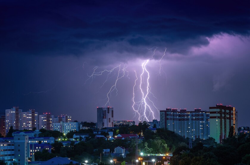 Night evening storm lightnings panorama Kiev Ukraine city