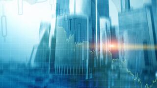 Universal finance abstract background Economic growth graph chart on futuristic city. Double exposure.