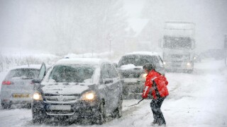 Traffic caught in blizzard conditions on the A436 near Andoversford Gloucestershire 18 Dec 2010