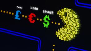 Bitcoin man eating symbol of dollar, euro and pound icon with price points. Concept illustration of actual value of cryptocurrency with print screen e