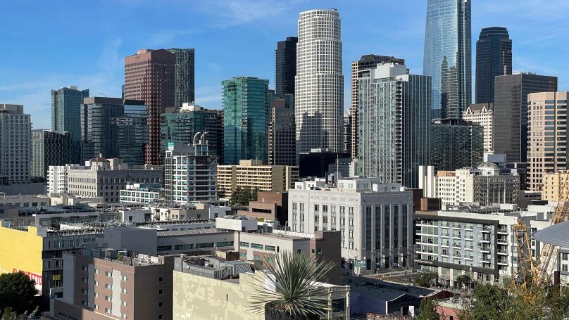 The downtown Los Angeles skyline on a clear day. Los Angeles, California, USA