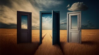 three doors open in a field with a sky background and clouds ab