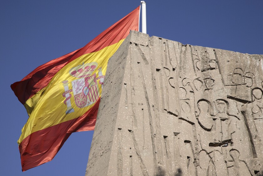 Spanish Flag in Plaza Colon, Madrid, Spain. Image shot 2007. Exact date unknown.
