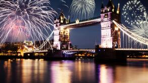 fireworks over the River Thames in London - celebrating New Year in the city