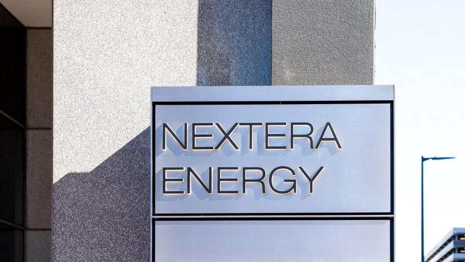 Houston, Texas, USA - February 27, 2022: NextEra Energy sign is seen at its office building in Houston, Texas, USA.