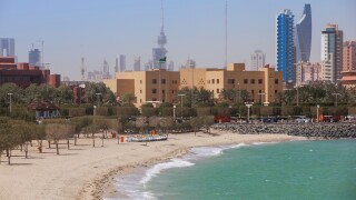 Arabian Gulf and city skyline, Salmiya, Kuwait City, Kuwait, Middle East