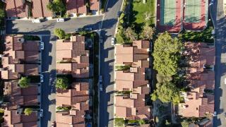 Aerial top view of residential subdivision house in Diamond Bar, Eastern Los Angeles, California, USA