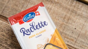 Sliced Emmi Raclette cheese bought from a supermarket in the UK. England UK GB