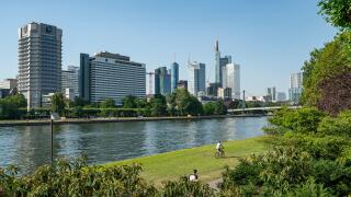 Frankfurt, Germany. July 2019.   the view of  the bank of the river Main
