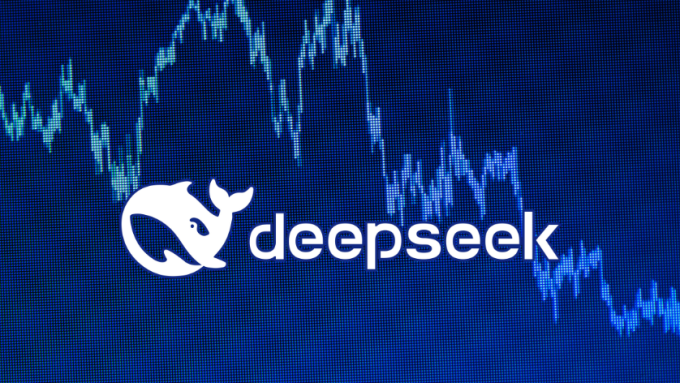 Deepseek logo on the modern digital background of a falling stock market graph