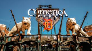 Exterior of Comerica Park home to the Detroit Tigers. The ballpark has a capacity of over 41,000 and replaced Tiger Stadium in the year 2000