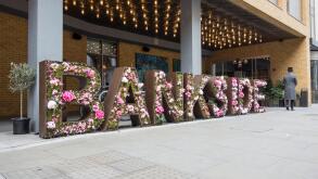 Floral display outside Hilton Hotel, Great Suffolk Street, Bankside, London, SE1, UK