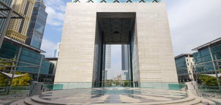 The Gate building at Dubai International Financial Centre in Dubai, United Arab Emirates. Gate building of DIFC at the financial district avenue.