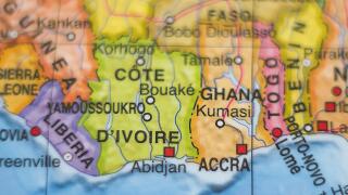 Photo of a map of Cote Divoire  and the capital Abidjan .