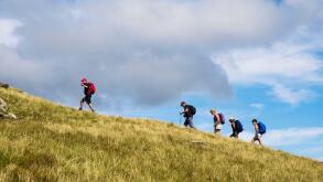 Line of hikers hiking up a hill following a leader on Moel Lefn"s grassy mountainside in Snowdonia National Park. Gwynedd, Wales, UK, Britain