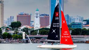 Sailing At The Bay, A DBS Sailboat Sails In Front Of The Merlion Park Area, Singapore, South East Asia