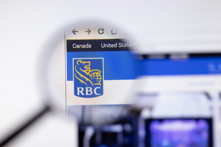 Saint-Petersburg, Russia - 18 February 2020: Royal Bank of Canada company website page logo on laptop display. Screen with icon, Illustrative Editorial