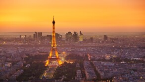Paris skyline at sunset with the Eiffel Tower and La Defense, Paris, France, Europe