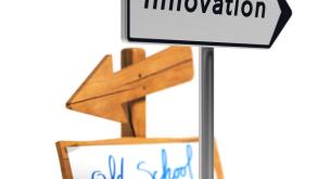 3D illustration of two road signs with text old school and innovation over white background, Concept of innovative business