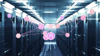 Glowing digital overlay spreading across data center corridor, with server racks and LED indicators