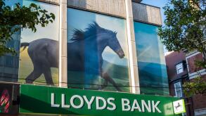 Lloyds bank with picture of black horse above the branch on Oxford street, London, England, U.K.