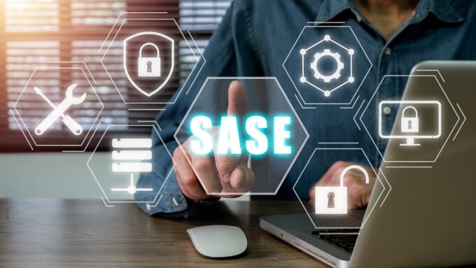 SASE, Secure Access Service Edge concept, Person hand touching S
