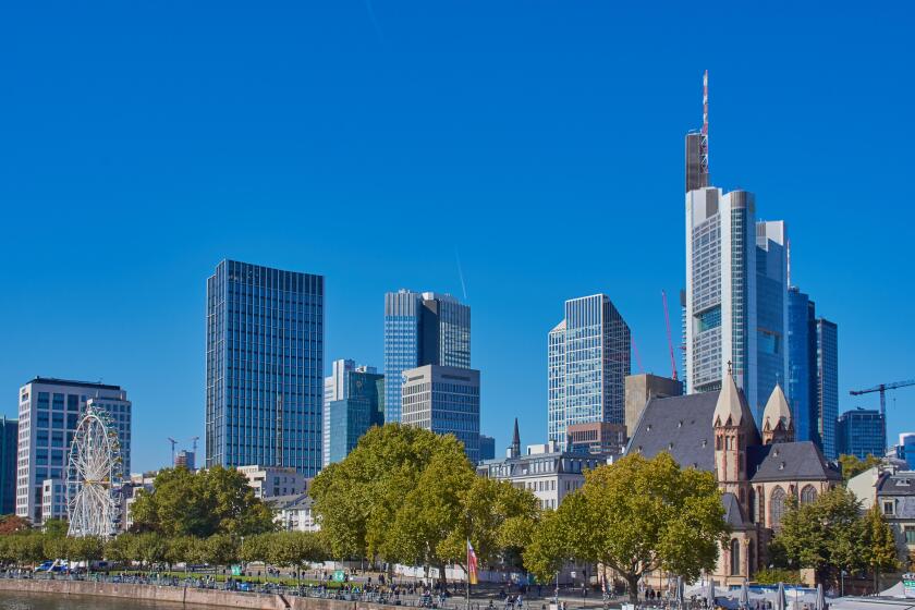 Frankfurt, Germany - September 30, 2018: Cityscape of Frankfurt a. M. with its skyscrapers, view e.g. to Commerzbank building.