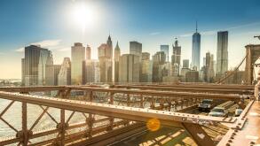Views of Lower Manhattan and New York from the Brooklyn Bridge during summertime, New York, USA