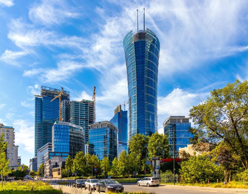 Warsaw, Poland - May 22, 2020: Warsaw Spire office tower of Immofinanz at rising above Wola business district of Warsaw