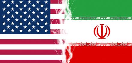 Lightnings effect between flags of USA and Iran. Concept of conflict between two nations, Washington and Teheran.