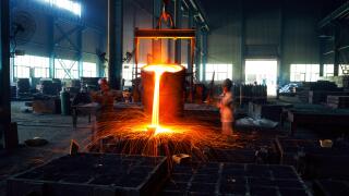 Pouring of liquid metal in open hearth workshop. Image shot 09/2012. Exact date unknown.