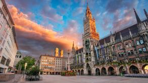 Munich, Germany. Cityscape image of downtown Munich, Germany with Marienplatz at beautiful autumn sunrise.