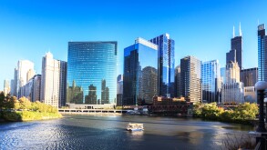 Skyscrapers follow the curve of the Chicago River, Chicago, Illinois, USA