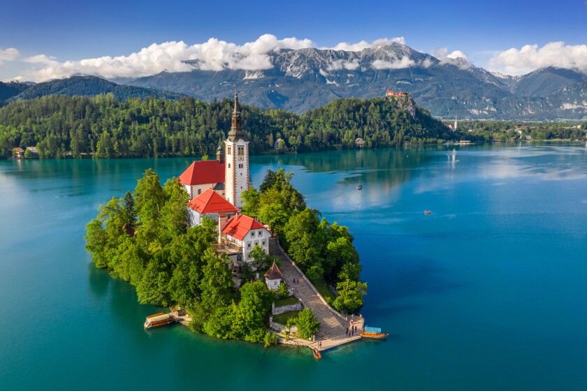 Bled, Slovenia - Aerial view of beautiful Lake Bled (Blejsko Jez