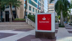 Miami, Fl, USA - January 2, 2022: The sign for a Santander Bank branch in Miami, Fl, USA.