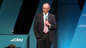 Potsdam, Germany. 18th Feb, 2025. Friedrich Merz, chairman of Germany's Christian Democratic Union (CDU), attends an election campaign in Potsdam, Germany, Feb. 18, 2025. Credit: Du Zheyu/Xinhua/Alamy Live News