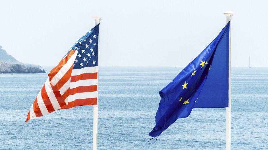 Flags of the European Union and the USA, symbolic photo for partnership, diplomacy, foreign policy Austria