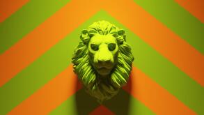 Green Lion Head Bust with Green an Orange Chevron Background 3d illustration render