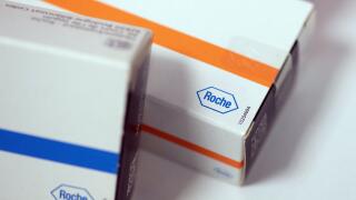 The logo of Swiss drugmaker Roche on a pack of the drug, on May 05, 2020 in Paris, France.Photo by David NIVIERE/ABACAPRESS.COM