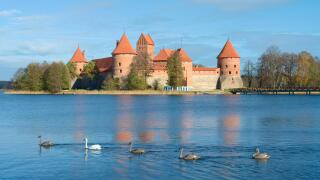 Medieval castle of Trakai, Vilnius, Lithuania, Eastern Europe, located between beautiful lakes and nature with family of swans
